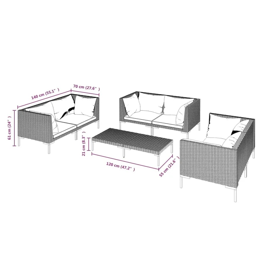 Salon de jardin 7 pcs avec coussins Résine tressée Gris foncé - 7
