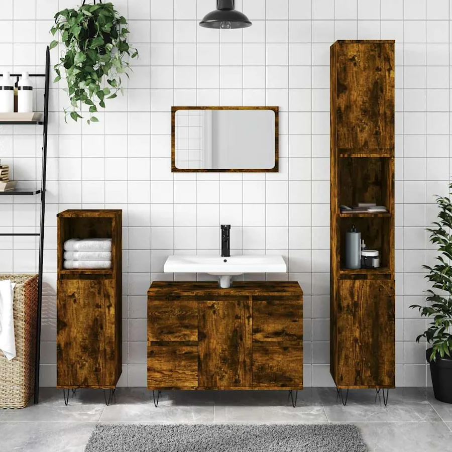 Armoire salle de bain chêne fumé 80x33x60cm bois d'ingénierie