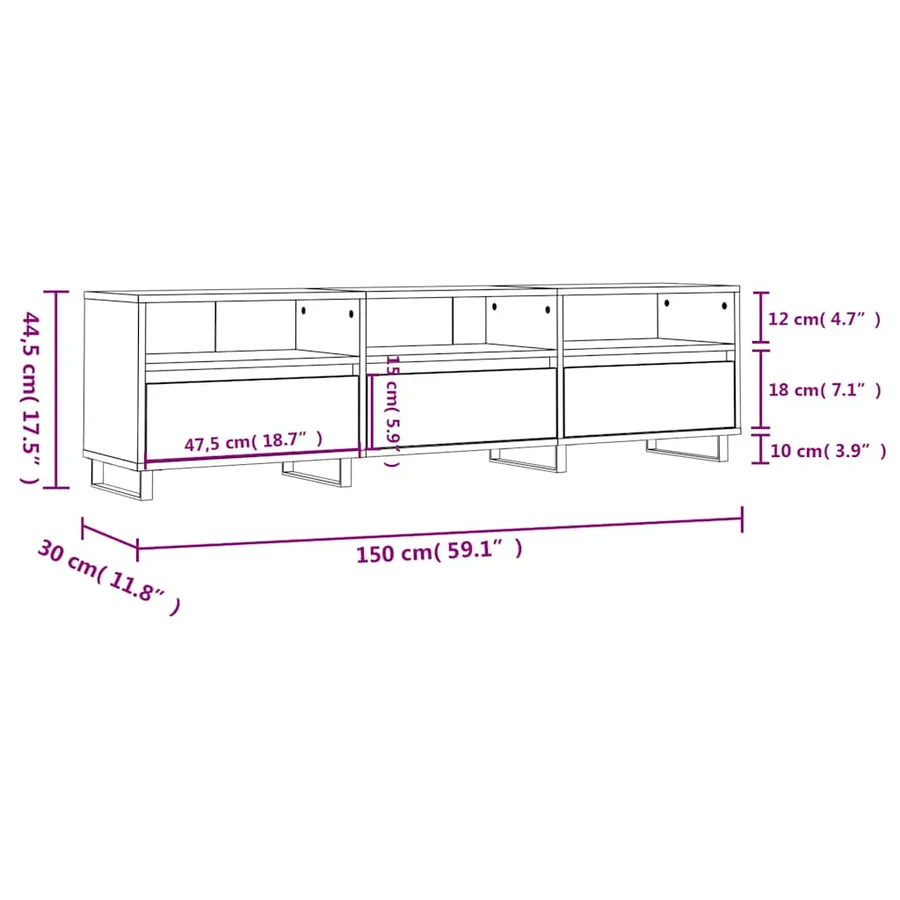 Meuble TV gris béton 150x30x44,5 cm bois d'ingénierie - 11
