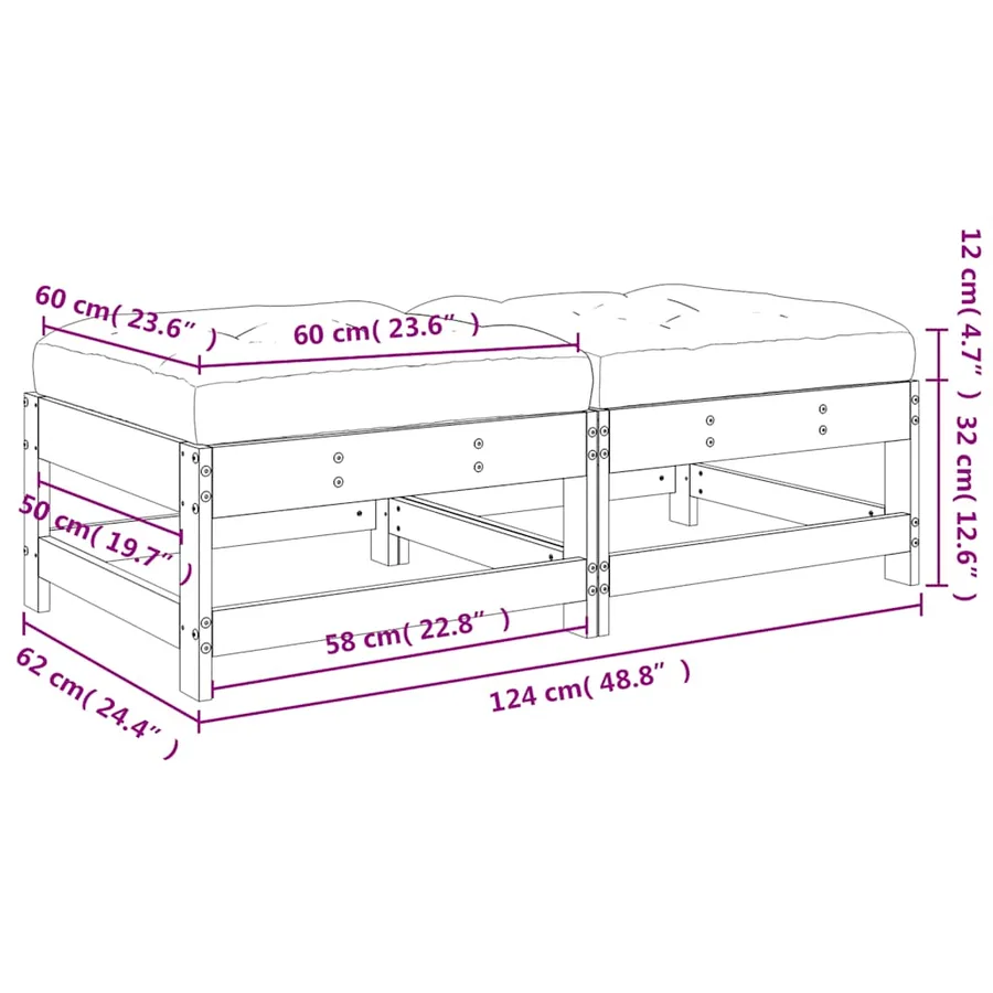Repose-pieds de jardin et coussins lot de 2 bois pin imprégné - 9