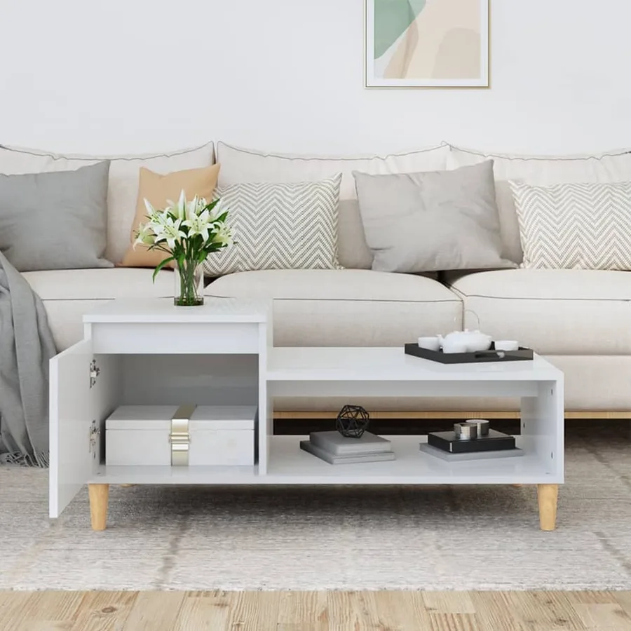 Table basse Blanc brillant 100x50x45 cm Bois d'ingénierie - 3