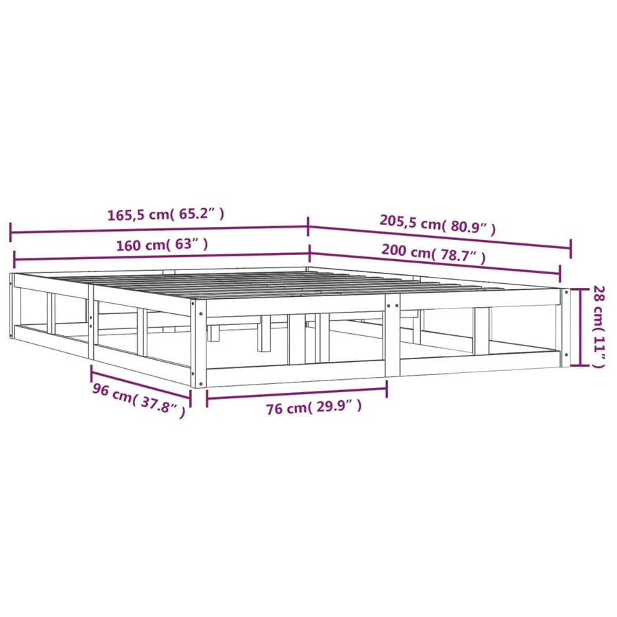 Cadre de lit sans matelas noir 160x200 cm bois massif - 9