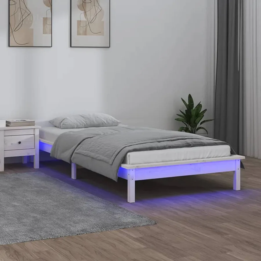 Cadre de lit à LED sans matelas blanc 75x190 cm bois massif