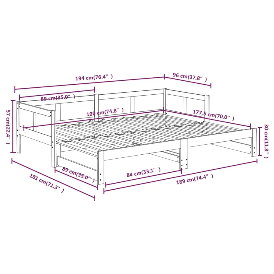 Lit coulissant sans matelas noir 2x(90x190) cm - 12