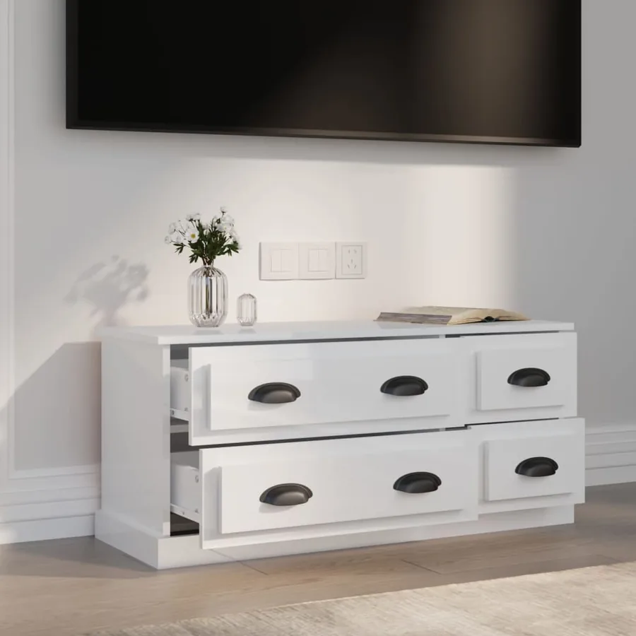 Meuble TV blanc brillant 100x35,5x45 cm bois d'ingénierie - 3