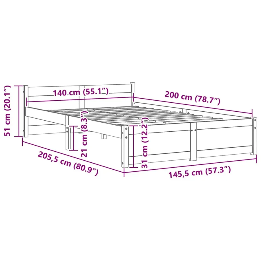 Cadre de lit sans matelas blanc bois massif 140x200 cm - 9
