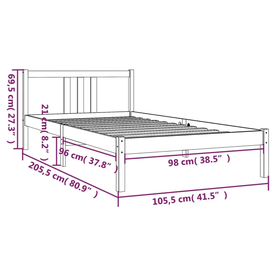 Cadre de lit sans matelas gris bois massif 100x200 cm - 9