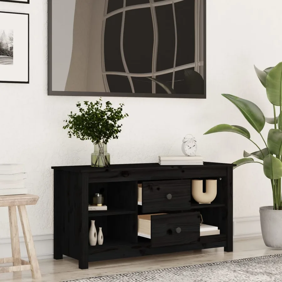 Meuble TV Noir 103x36,5x52 cm Bois de pin massif - 6