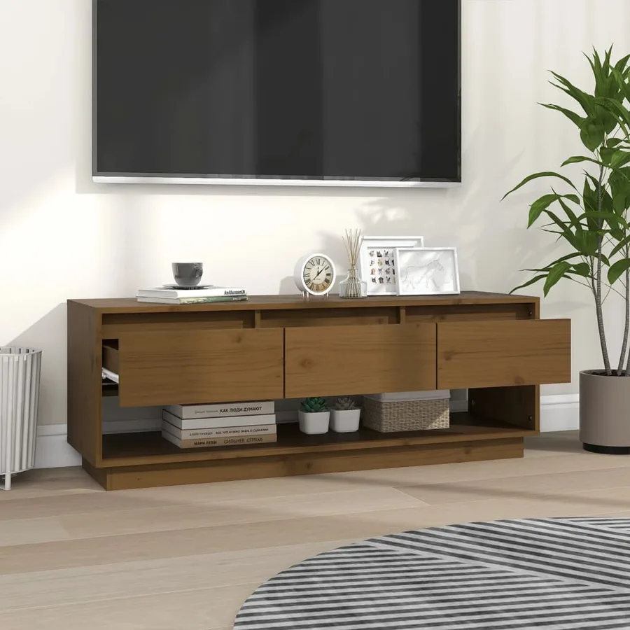 Meuble TV Marron miel 110,5x34x40 cm Bois de pin massif - 7