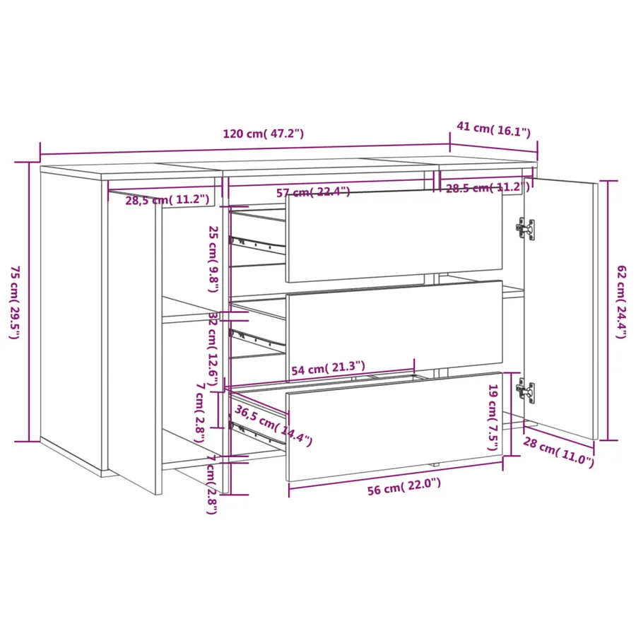 Buffet avec 3 tiroirs Noir 120x41x75 cm Bois d'ingénierie - 8