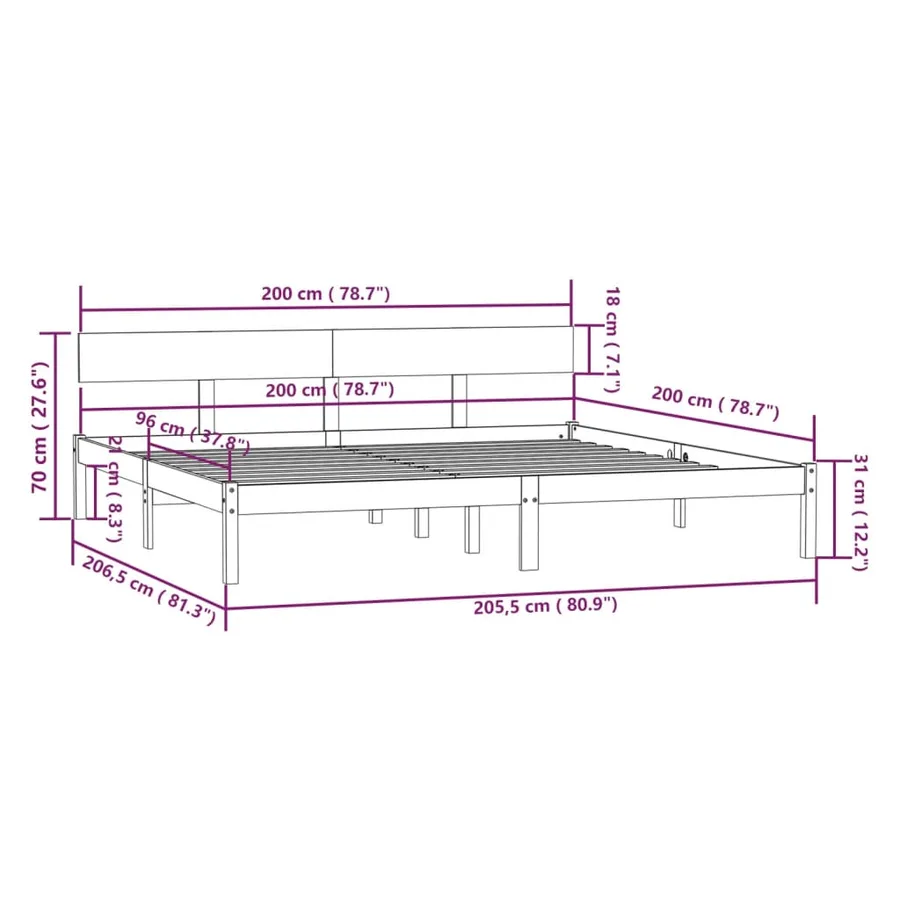 Cadre de lit sans matelas bois massif gris 200x200 cm - 9