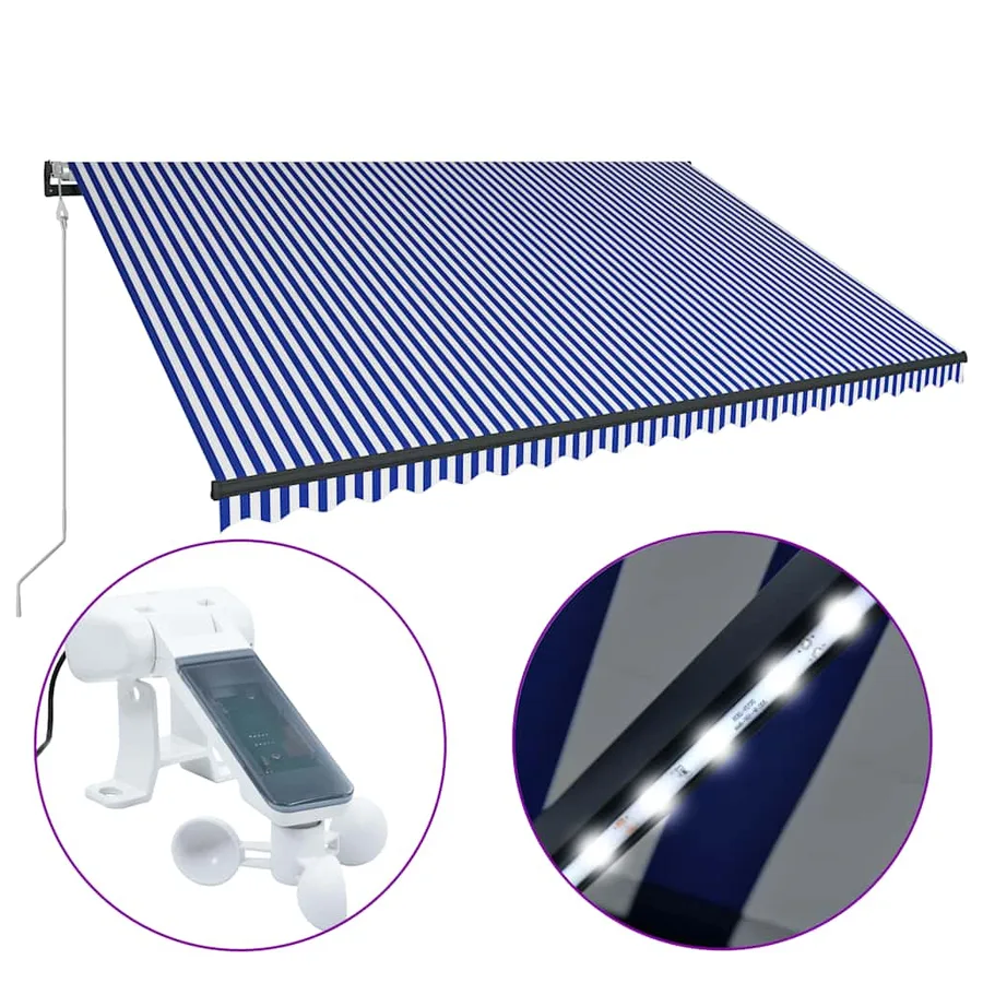 Auvent avec capteur de vent et LED 500x300 cm Bleu et blanc - 2