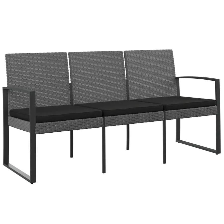 Banc de jardin à 3 places et coussins gris foncé PP rotin - 2