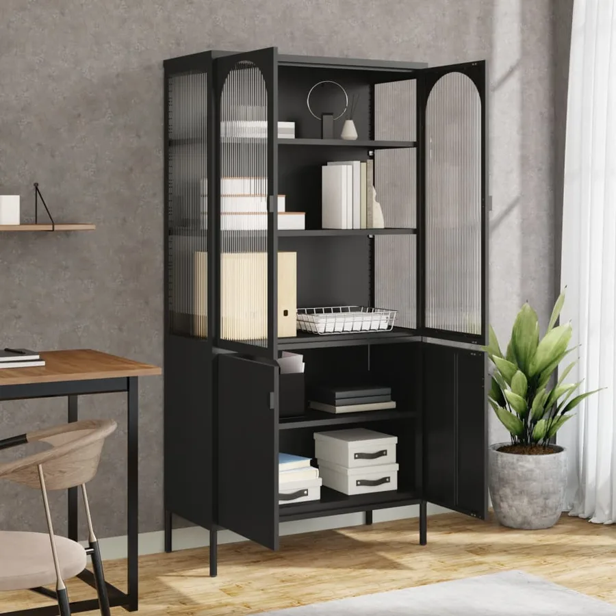 Buffet haut noir 90x40x180 cm verre et acier - 3
