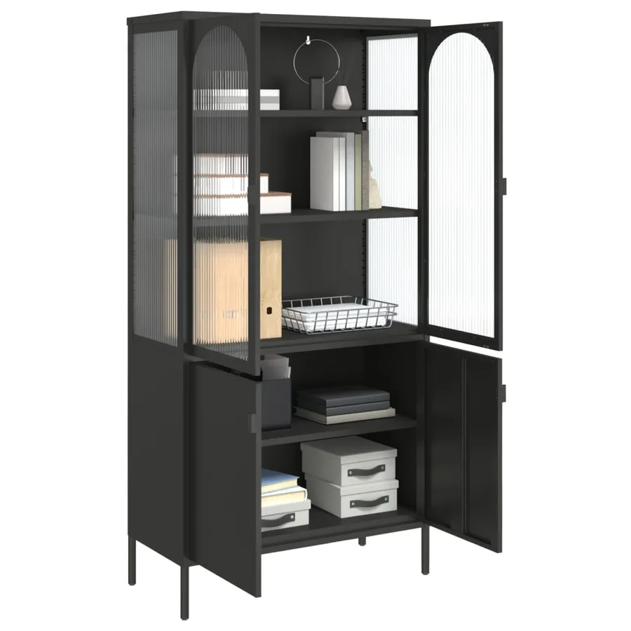 Buffet haut noir 90x40x180 cm verre et acier - 5