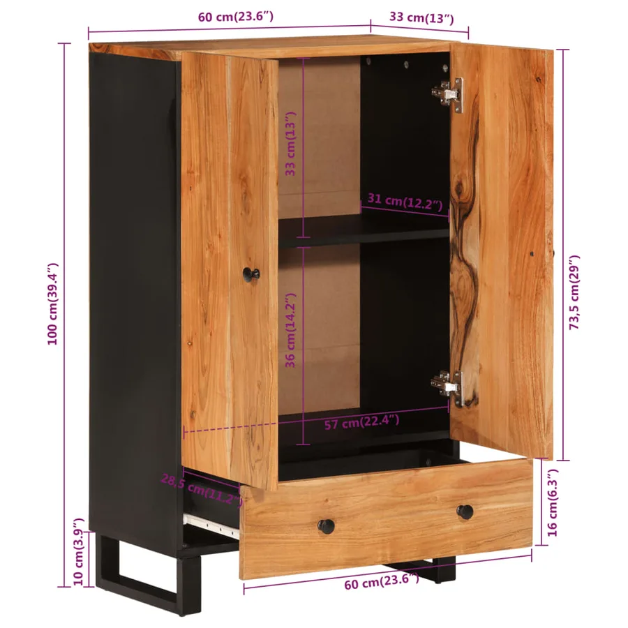 Buffet haut avec tiroir 60x33x100cm bois massif d'acacia et fer - 9