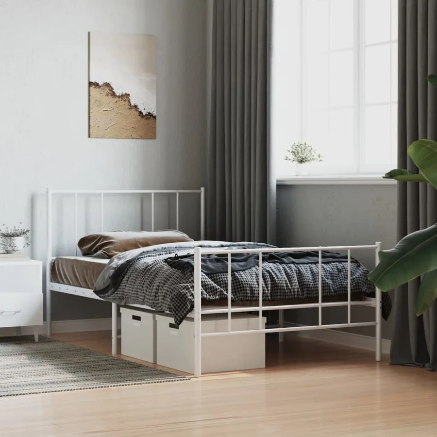 Cadre de lit métal sans matelas et pied de lit blanc 107x203 cm