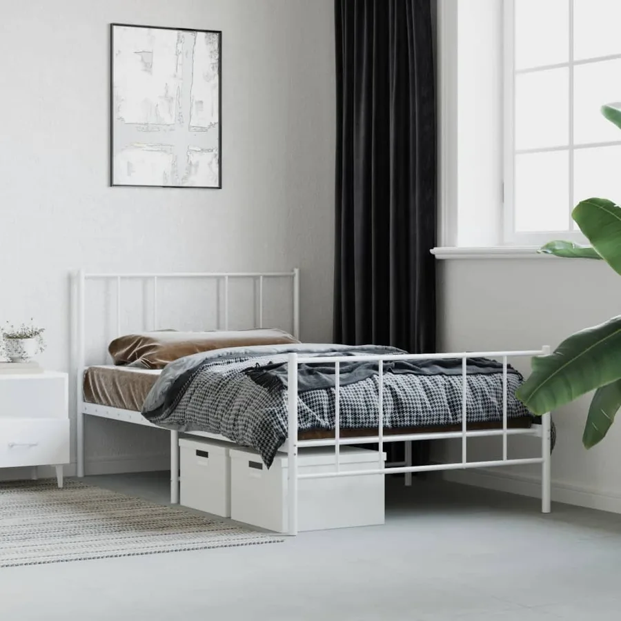 Cadre de lit métal sans matelas et pied de lit blanc 107x203 cm - 4