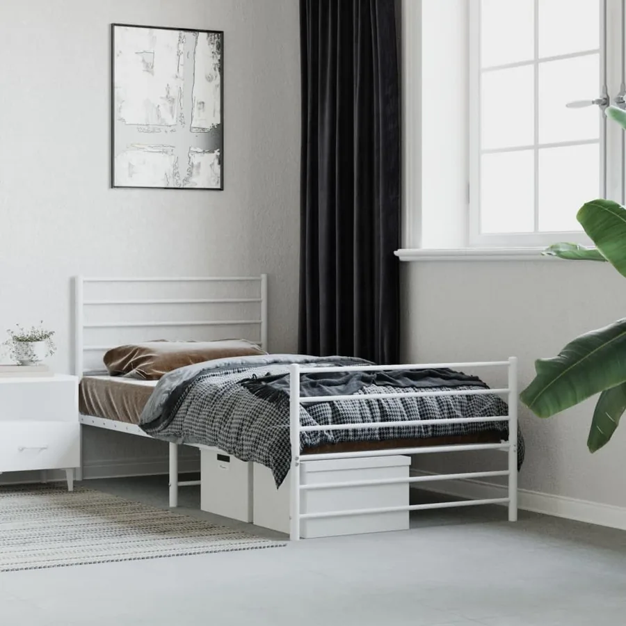 Cadre de lit métal sans matelas et pied de lit blanc 107x203 cm