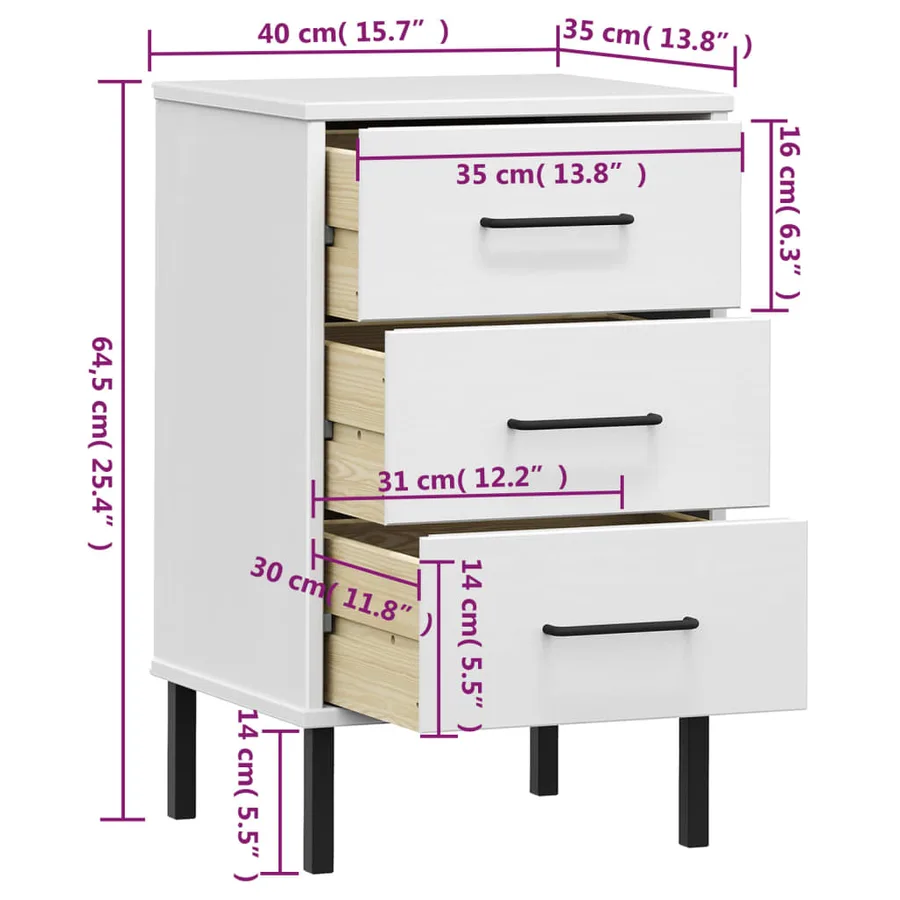 Table de chevet avec pieds en métal Blanc Bois pin massif OSLO - 8