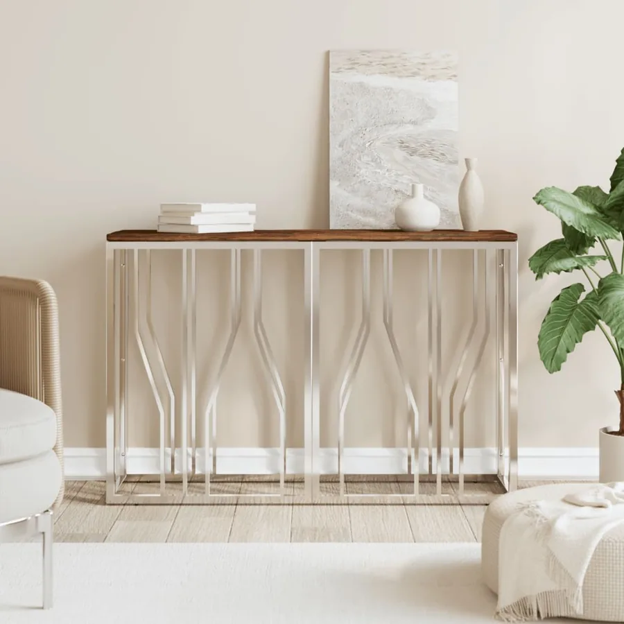Table console acier inoxydable et bois massif de récupération
