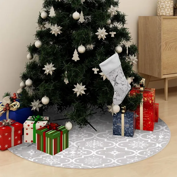 Jupe de sapin de Noël de luxe avec chaussette Blanc 150cm Tissu