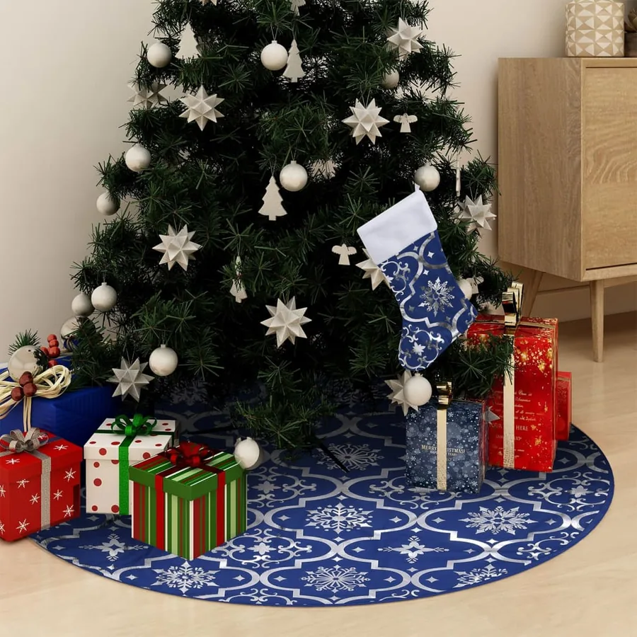 Jupe de sapin de Noël de luxe avec chaussette Bleu 150 cm Tissu