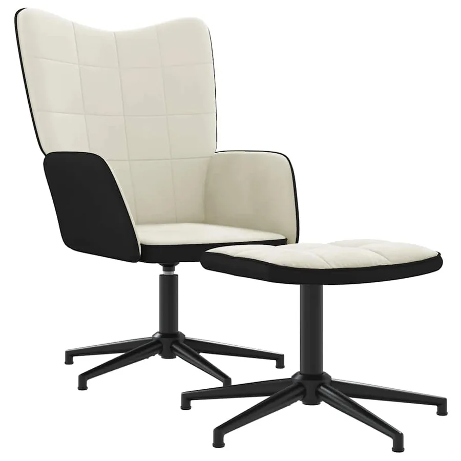 Chaise de relaxation avec tabouret Blanc crème Velours et PVC - 2