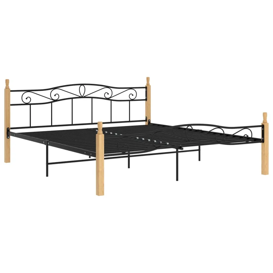 Cadre de lit sans matelas noir métal bois chêne 200x200 cm - 2