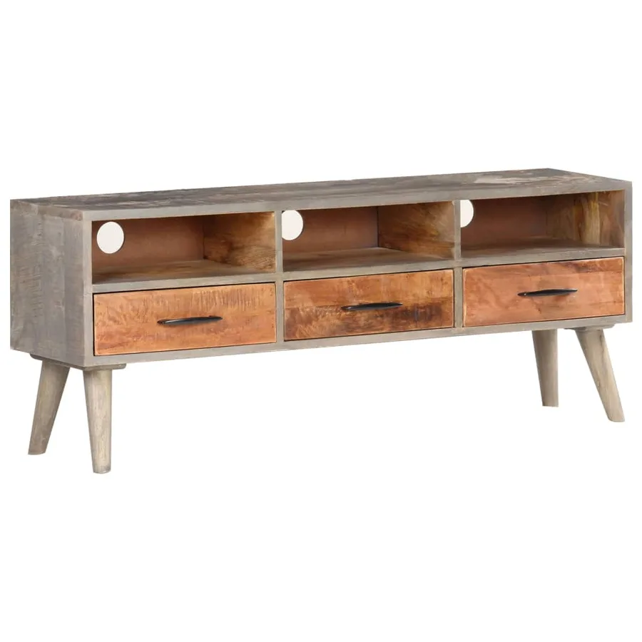 Meuble TV Gris 130x35x51 cm Bois massif de manguier brut - 10