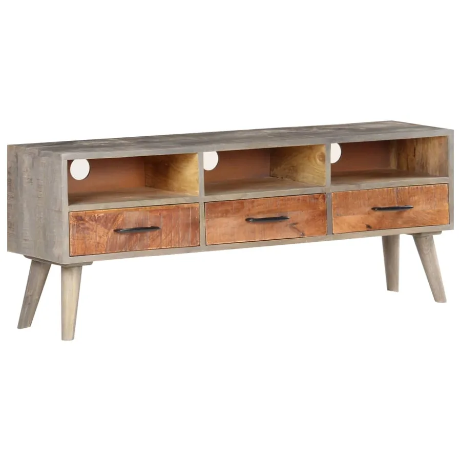 Meuble TV Gris 130x35x51 cm Bois massif de manguier brut - 11