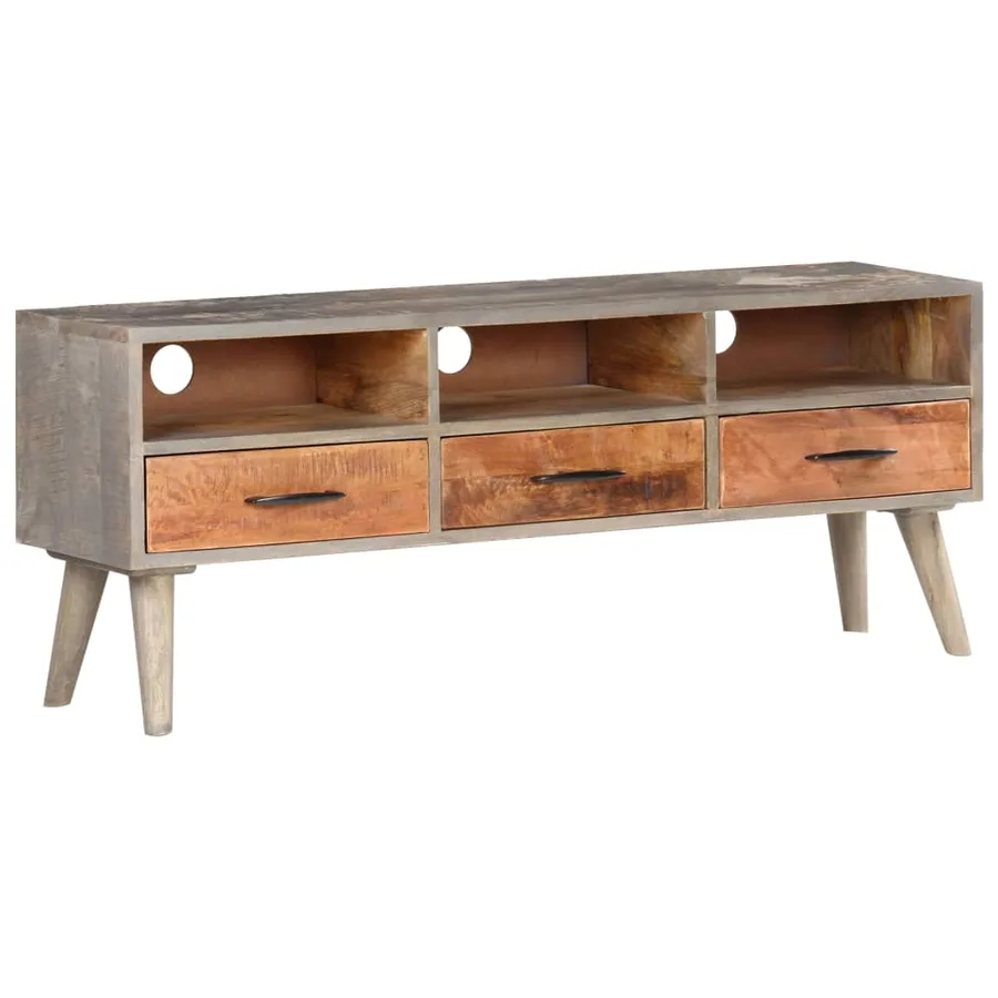 Meuble TV Gris 130x35x51 cm Bois massif de manguier brut - 8