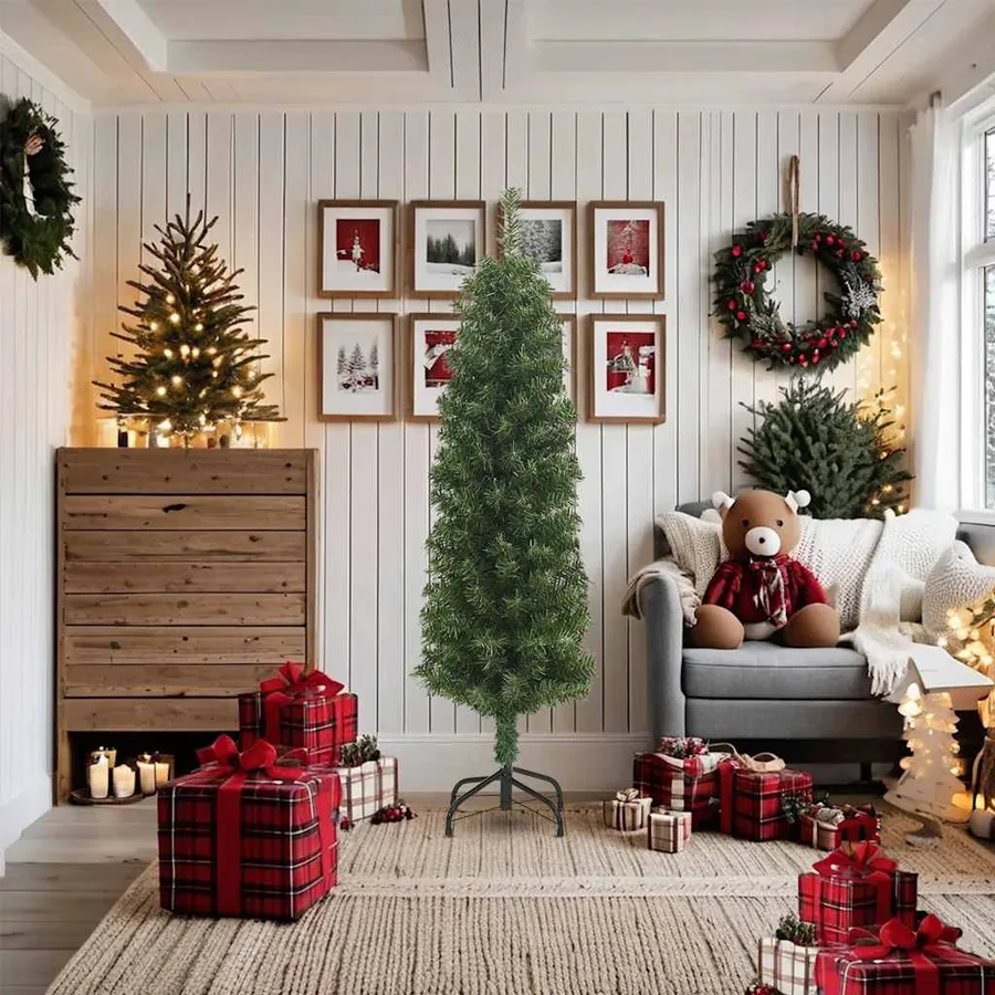 Sapin de Noël artificiel mince avec support vert 180 cm PVC - 2