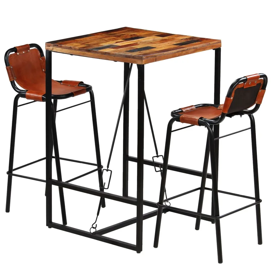 Ensemble de bar 3 pcs Bois massif recyclé et cuir de chèvre - 10