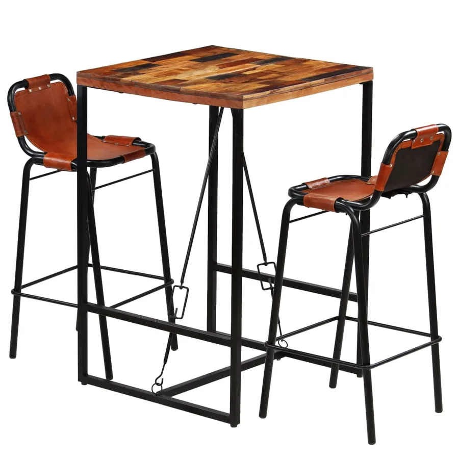 Ensemble de bar 3 pcs Bois massif recyclé et cuir de chèvre - 11
