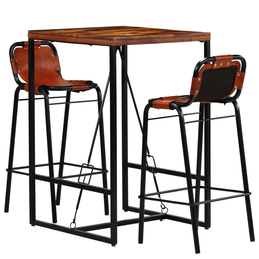 Ensemble de bar 3 pcs Bois massif recyclé et cuir de chèvre - 14