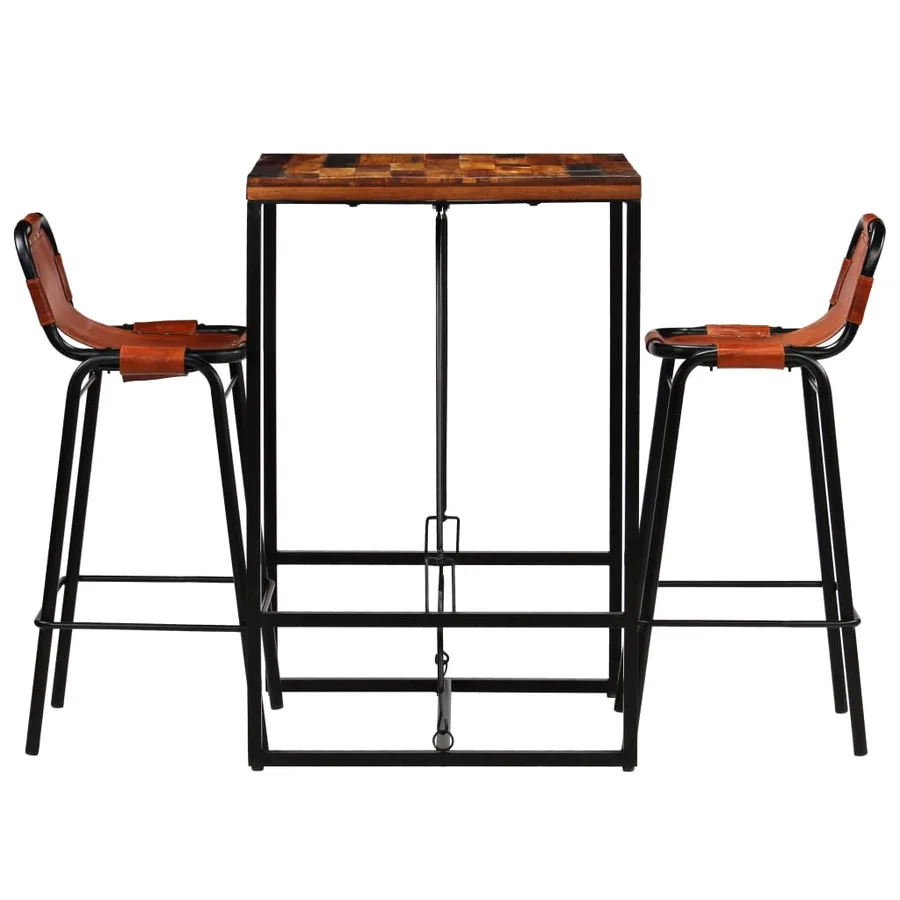 Ensemble de bar 3 pcs Bois massif recyclé et cuir de chèvre - 2