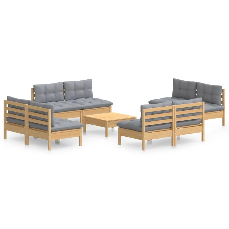Salon de jardin 9 pcs avec coussins gris bois de pin - 2