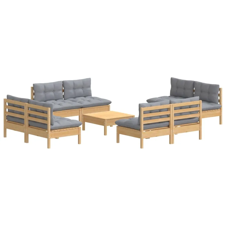 Salon de jardin 9 pcs avec coussins gris bois de pin - 3