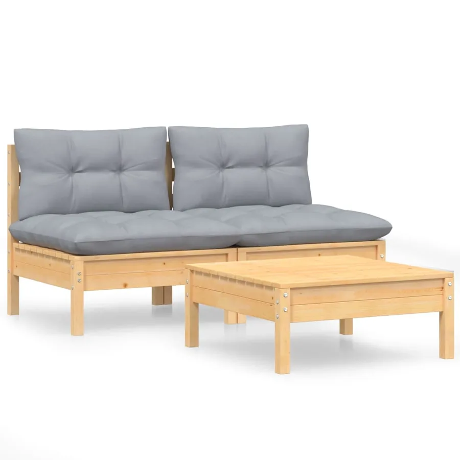 Salon de jardin 3 pcs avec coussins gris Bois de pin - 2
