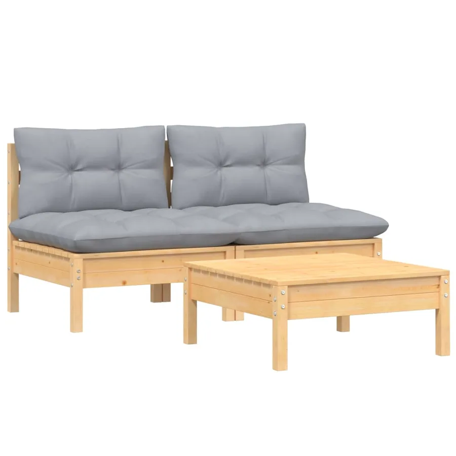 Salon de jardin 3 pcs avec coussins gris Bois de pin - 3