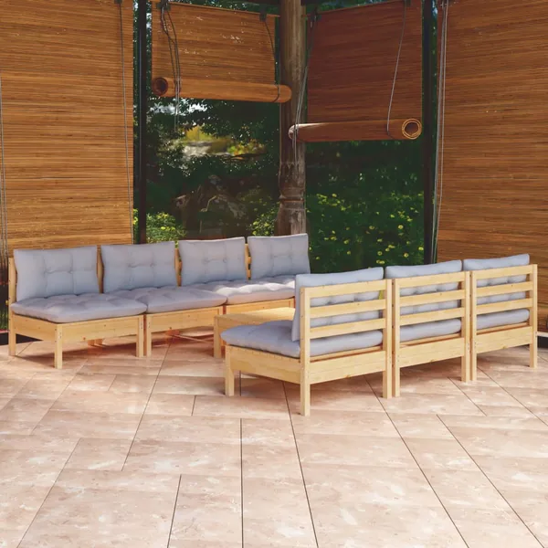Salon de jardin 8 pcs avec coussins gris Bois de pin