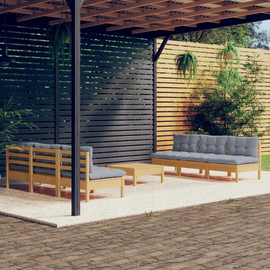 Salon de jardin 7 pcs avec coussins gris bois de pin