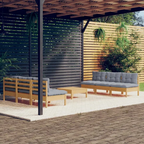 Salon de jardin 7 pcs avec coussins gris bois de pin