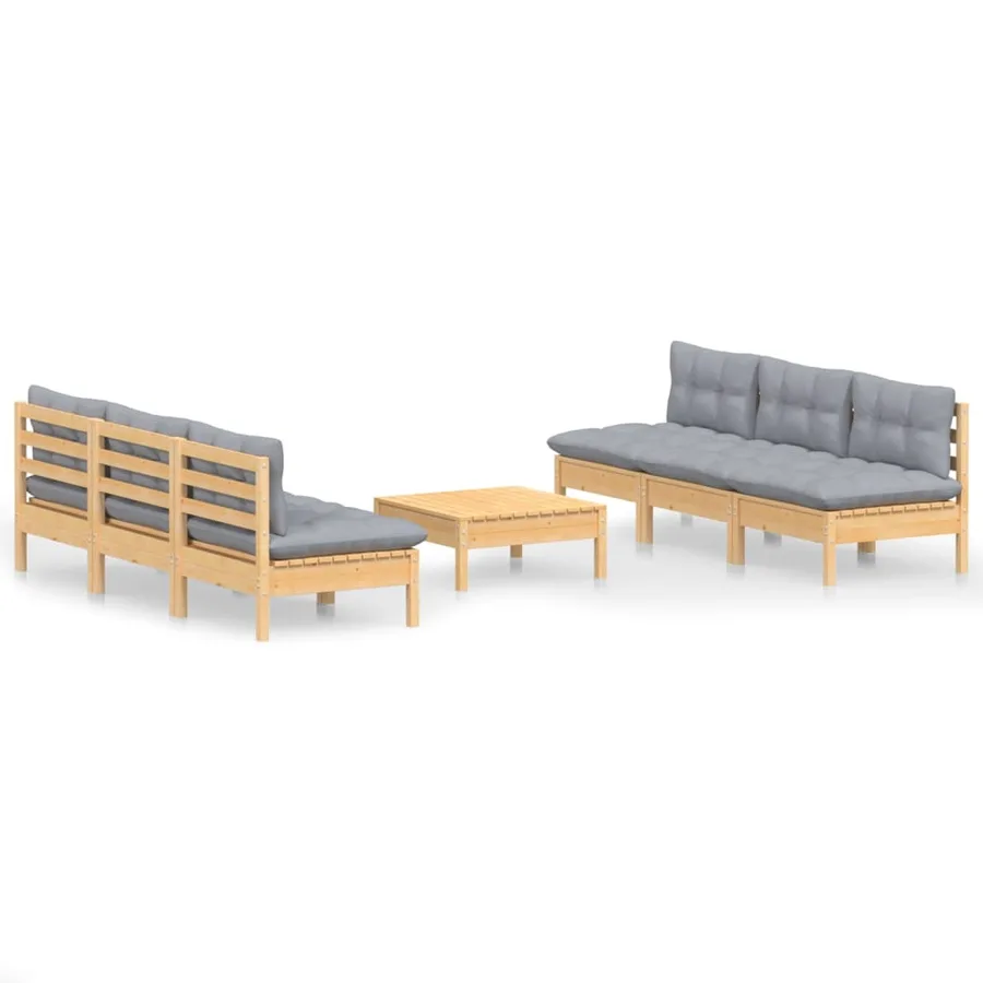 Salon de jardin 7 pcs avec coussins gris bois de pin - 2