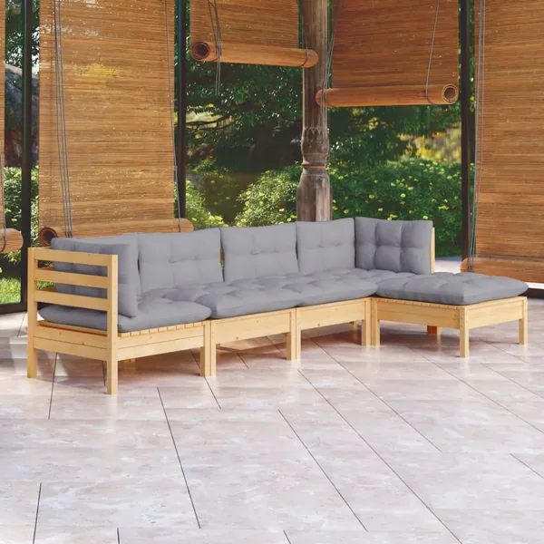 Salon de jardin 5 pcs avec coussins gris bois de pin