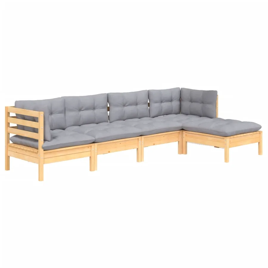 Salon de jardin 5 pcs avec coussins gris bois de pin - 3