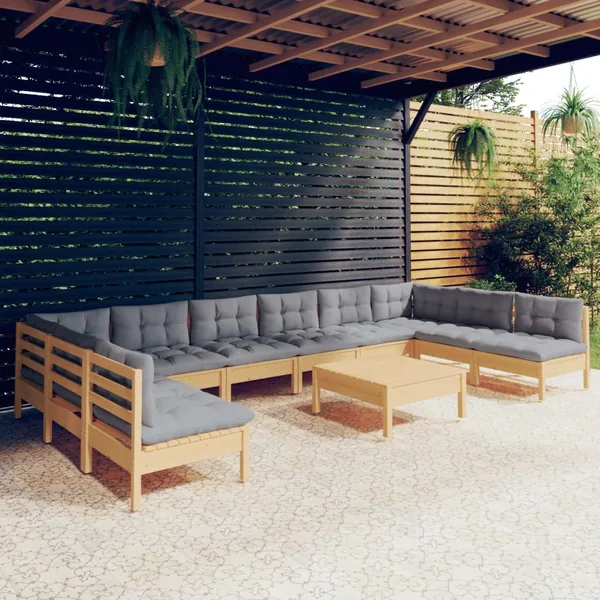 Salon de jardin 11 pcs avec coussins gris Bois de pin solide
