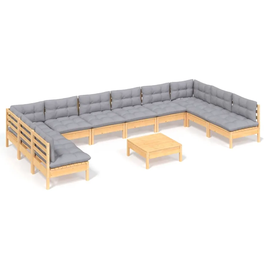 Salon de jardin 11 pcs avec coussins gris Bois de pin solide - 2