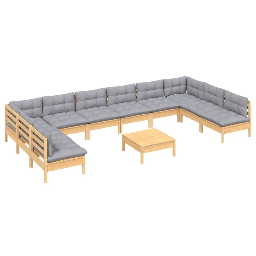 Salon de jardin 11 pcs avec coussins gris Bois de pin solide - 3